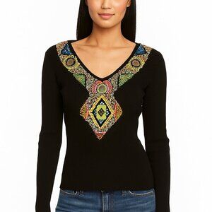 Berek Top Size Large Black Beads Embellished Ribbed Artsy Bling Jewel Stones